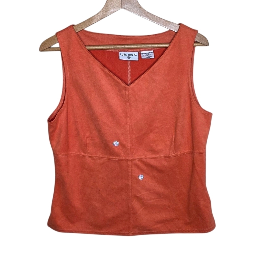 Vintage 90s Kathy Ireland Orange Velour V-neck Tank Tiny Floral Details Medium